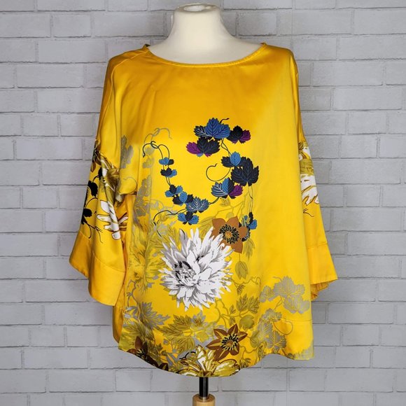 Soft Surroundings Tahitian Floral Satin Kimono Yellow Top - Picture 2 of 5